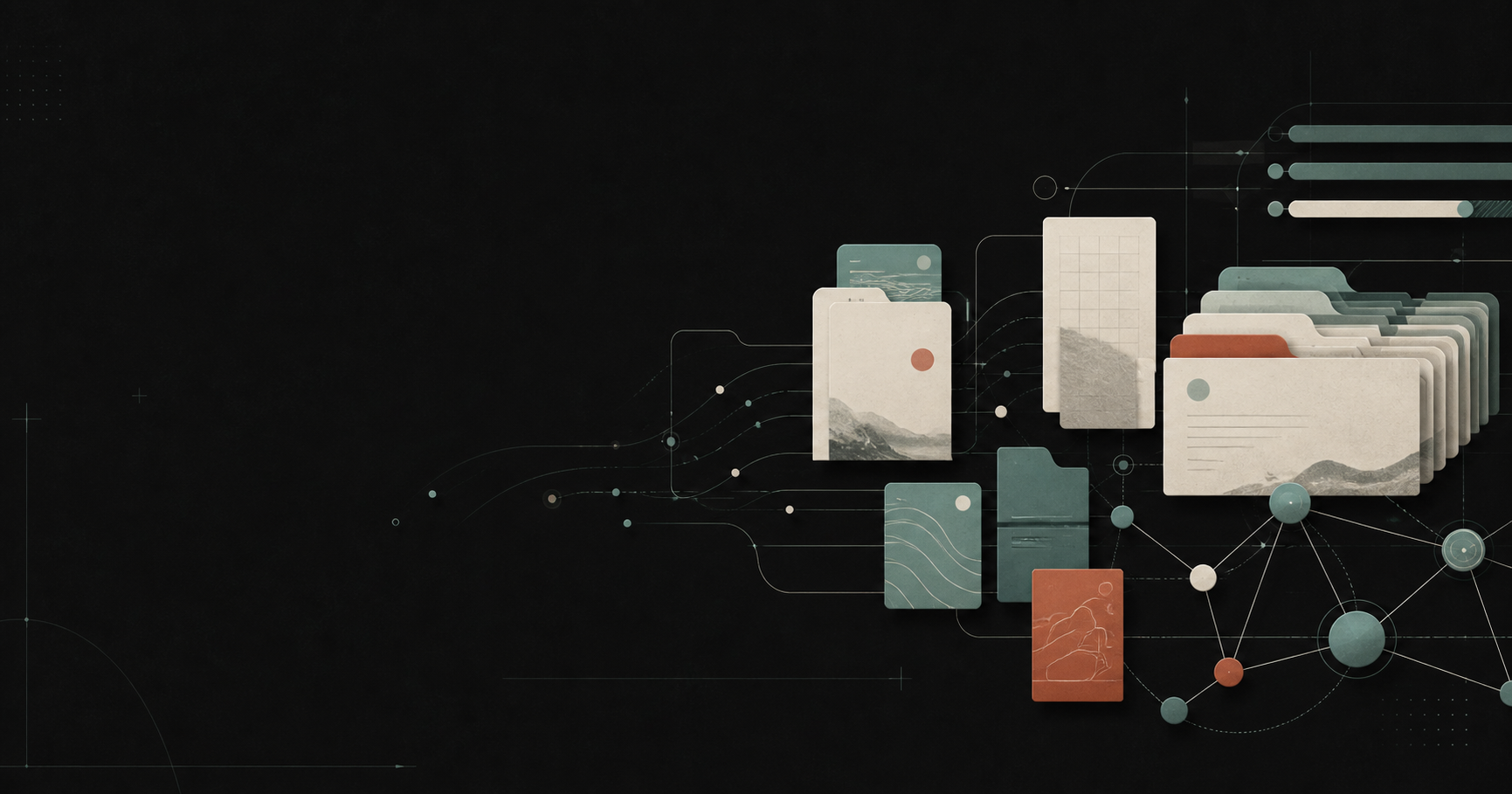 An abstract network of memory cards, archive folders and semantic connections